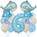 Detail of blue ocean theme balloon set with whale foil balloons and blue number six - Ocean Matte Whale Set 6