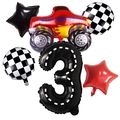 Racing car theme 3rd birthday balloon set with red monster truck and black number 3 - Red Truck Road Texture Number 3