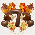 Autumn themed party balloon set with hedgehog, maple leaf and large brown number 7 - Autumn Hedgehog Style (Digital G)