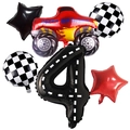 Racing car themed 4th birthday balloon set with monster truck and checkered flags - Red Truck Road Texture Number 4