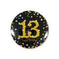 Macro shot of 58mm black and gold 13th happy birthday badge with glitter texture - 13th Birthday Style / 58mm