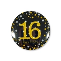 Macro detail of 58mm black and gold birthday badge with glitter number 16 design - 16th Birthday Style / 58mm