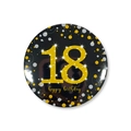 Macro detail of 18th birthday tinplate badge with gold glitter text on black background - 18th Birthday Style / 58mm