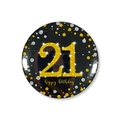 Close-up of a 58mm black and gold 21st birthday badge with glitter number and dots - 21st Birthday Style