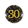 Macro shot of 58mm black and gold 30th birthday badge with happy birthday print - 30th Birthday Style / 58mm