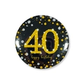 Detail of 40th happy birthday pin badge with gold glitter numbers on black background - 40th Birthday Style