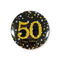 Detailed view of a 58mm black and gold 50th birthday badge with happy birthday lettering - 50th Birthday Style