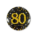 Detail of 58mm black and gold 80th birthday tinplate badge with shiny glitter numbers - 80th Birthday Style / 58mm
