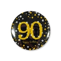 58mm Black and gold 90th happy birthday tinplate badge with glitter number decoration - 90th Birthday Style / 58mm