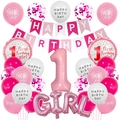 Roze en witte 1e verjaardag ballonset met Happy Birthday banner en nummer 1 folie - Meisje Ronde Stijl / Roze