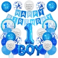 Blauwe decoratieset voor 1e verjaardag met ballonnen, banners en aluminium cijfer een - Jongen Ronde Stijl / Blauw