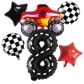 Kit d'anniversaire course avec monster truck rouge et ballon chiffre 8 à damier - Camion Rouge Texture de Route Nombre 8