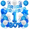 Blauw-witte decoratieset voor 1e verjaardag met ballonnen, sterren en verjaardagsbanner - Jongen Ster Hart Stijl / Blauw