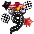 Kit de ballons thème course avec camion monstre rouge et chiffre 9 noir pour anniversaire - Camion Rouge Texture de Route Nombre 9