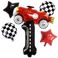Kit fête de course avec ballon de voiture rouge, drapeaux et chiffre 1 noir - Voiture de Course Texture de Route Nombre 1