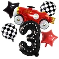 Kit ballons 3ème anniversaire course avec voiture rouge et motifs damiers noirs - Voiture de Course Texture de Route Nombre 3