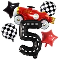 Set de ballons de course avec voiture rouge et chiffre cinq noir pour anniversaire - Voiture de Course Texture de Route Nombre 5