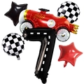 Set de fête course avec voiture rouge, ballon chiffre 7 et ballons damier en aluminium - Voiture de Course Texture de Route Nombre 7