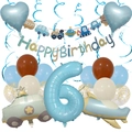 Boy's 6th birthday decoration set with car airplane balloons and blue spiral hangings - Age 6 Set