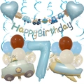 7th birthday balloon set with police car plane foil balloons and blue party banner - Age 7 Set