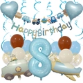 Blue and brown construction airplane balloon set with number 8 and happy birthday banner - Age 8 Set