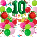 Watermelon theme 10th birthday kit with green foil number balloon and fruit banner set - Age 10 Set