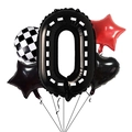 Racing themed party balloon set with black number zero and checkered round foil balloons - Number 0 (0)