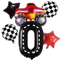 Set de ballons de course avec monster truck rouge, chiffre 0 et drapeaux à damier - Camion Rouge Texture de Route Nombre 0