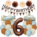 Detail of 6th birthday decoration set with airplane balloons and felt banners - Retro Airplane Police Car Style (Kit 6)