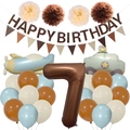 Detail set of birthday party decorations with felt banner, paper flowers and number 7 balloon - Retro Airplane Police Car Style (Kit 7)