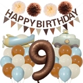 9th birthday party kit with plane, car balloons, and Happy Birthday felt banner decoration - Retro Airplane Police Car Style (Kit 9)