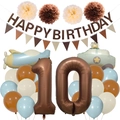 Retro earth-tone birthday decoration set with airplane balloons and Happy Birthday banner - Retro Airplane Police Car Style (Double Number)