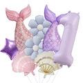 Dettaglio set palloncini sirena e conchiglia con numero uno viola per compleanno - Set Sirena Opaca 1