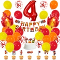 Set compleanno tema vigili del fuoco 4 anni con palloncino numero 4 rosso e fiamme - Set 4° Compleanno