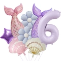 Detail of 6th birthday mermaid balloon set with purple number 6 and seashell foil decor - Matte Mermaid Tail Set 6