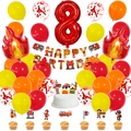 Kit 8e anniversaire pompier avec chiffre 8 rouge, ballons flamme et toppers gâteau - 32 Pouces - Ensemble 8ème Anniversaire