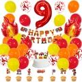 Détails du kit d'anniversaire pompier avec ballon chiffre 9 rouge et flammes - 32 Pouces - Ensemble 9ème Anniversaire