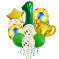 Set de globos de fiesta fútbol con trofeo dorado y globo verde número uno decorativo - Decoración Fútbol Amarillo Azul Número 1
