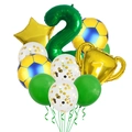 Kit de 2º cumpleaños de fútbol con trofeo dorado y globo verde del número 2 - Decoración Fútbol Amarillo Azul Número 2