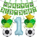 Detail of football birthday party kit with 1st year balloon and soccer themed banners - 1st Birthday Style