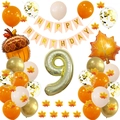 Kit 9ème anniversaire thème automne avec ballon chiffre 9 doré et décor érable - Kit 9ème Anniversaire