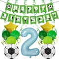 Detail of football themed 2nd birthday decor set with number 2 balloon and soccer banner - 2nd Birthday Style