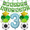 Detail view of soccer-themed 3rd birthday party set with balloons and happy birthday banner - 3rd Birthday Style