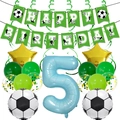Football themed 5th birthday party decoration set with balloons and happy birthday banner - Age 5 Birthday Football Set (World Cup Football Banner Set 5)