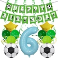 Close-up of football theme birthday kit with balloons, star decor and a large number 6 - Age 6 Birthday Football Set (World Cup Football Banner Set 6)