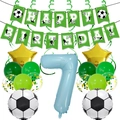 Detail of 7th birthday football party set with Happy Birthday banner and foil balloons - Age 7 Birthday Football Set (World Cup Football Banner Set 7)