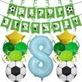 Detail of football birthday party set with green banner, number 8 and star balloons - Age 8 Birthday Football Set (World Cup Football Banner Set 8)