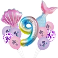 Set di 11 palloncini compleanno sirena con numero 9 arcobaleno e palloncino a conchiglia - Stile A Numero 9