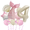 Dettaglio di palloncini a coda di sirena rosa e conchiglia con numero 4 per decorazione festa - Numero 4 (Set Sirena Vintage Opaco 4)
