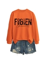 Detail of orange Forgiven Ephesians sweatshirt paired with ripped blue denim shorts - Orange (Black Print)